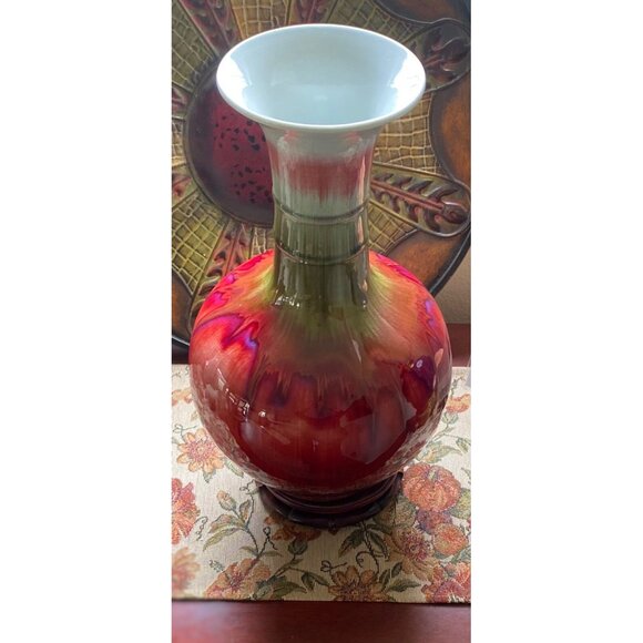 Vase, XL, 16”T, Yabian Chinese Flambé Drip Glaze, Red,Purple,Green,VTG*Rare* - Picture 3 of 16